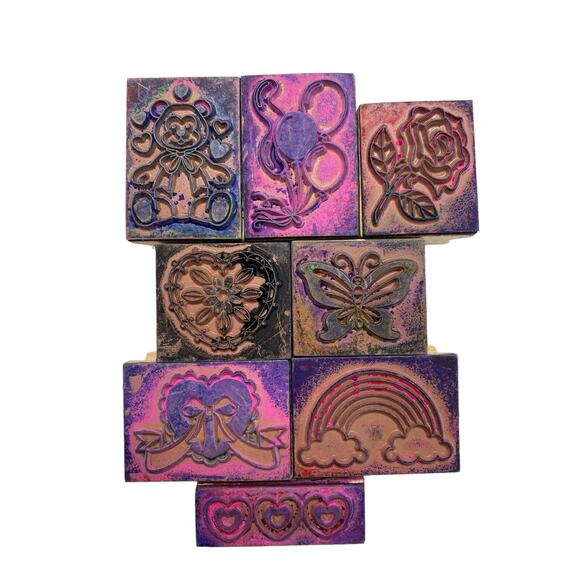 Assorted Hearts Balloon Rainbow Flower Butterfly Wood Mount Rubber Stamp Set - Picture 2 of 4